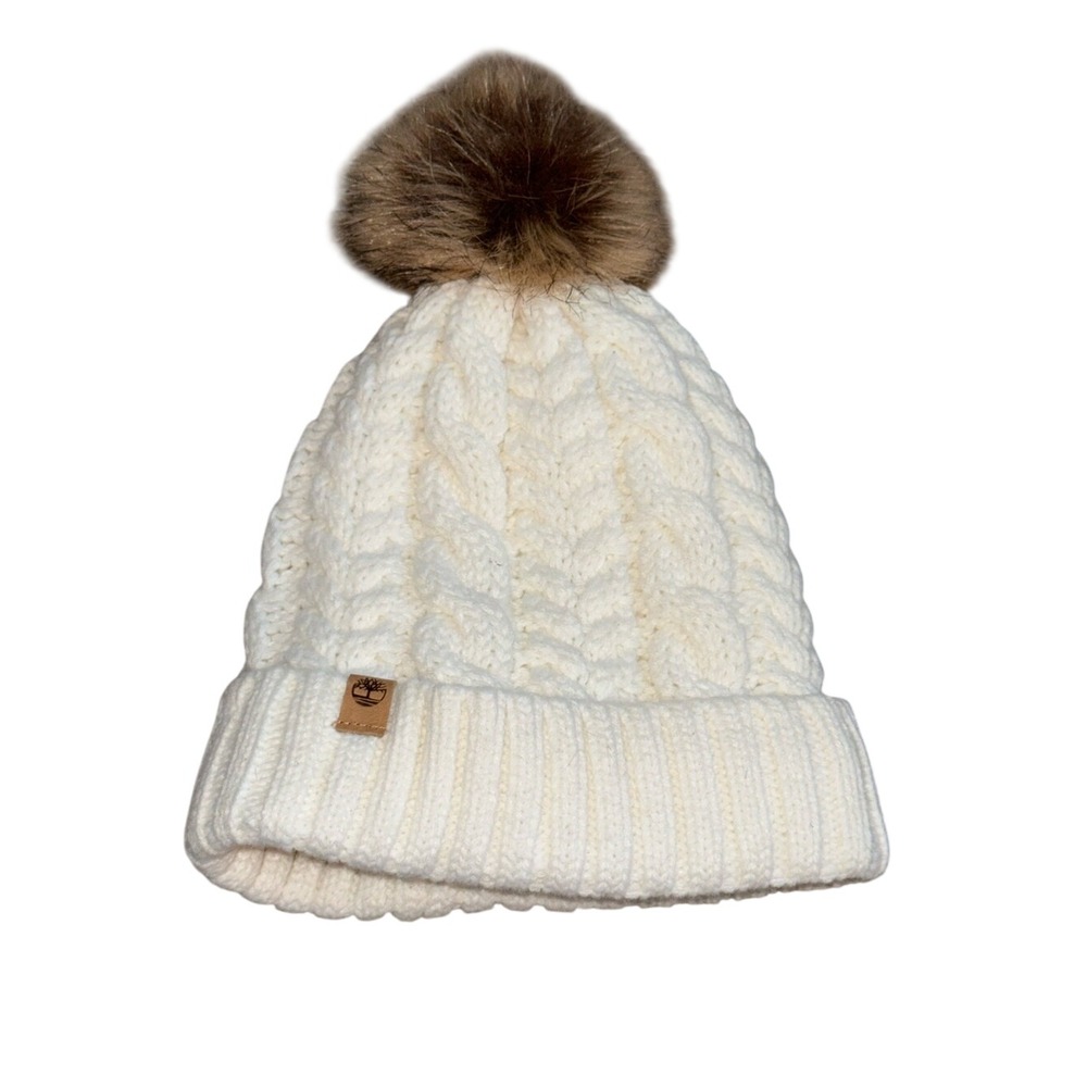 TIMBERLAND Women's Ivory Cable Knit Sherpa-Lined Pom Beanie | One Size
